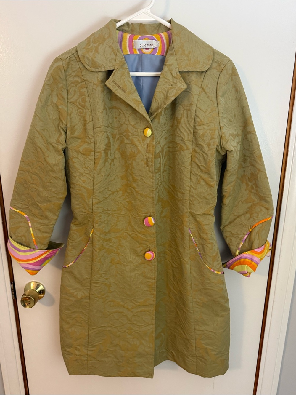 Ollie Sang Vintage Designer Olive Green Quilted Coat with Striped Accent -Large